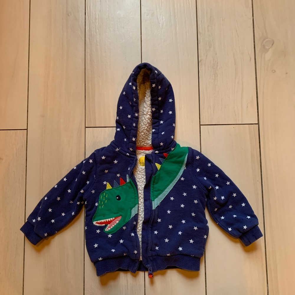 Mini Boden cozy fleece lined dino hoodie 9-12 months